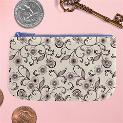 White And Brown Floral Wallpaper Flowers Background Pattern Large Coin Purse by B30l