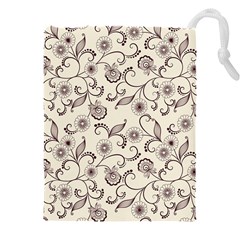 White And Brown Floral Wallpaper Flowers Background Pattern Drawstring Pouch (5xl) by B30l