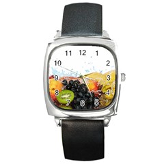 Variety Of Fruit Water Berry Food Splash Kiwi Grape Square Metal Watch by B30l