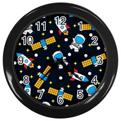 Seamless-adventure-space-vector-pattern-background Wall Clock (black) by Wav3s