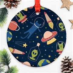 Seamless-pattern-with-funny-aliens-cat-galaxy Ornament (round) by Wav3s