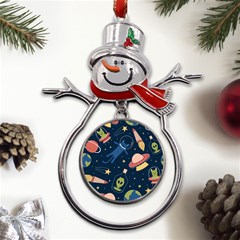 Seamless-pattern-with-funny-aliens-cat-galaxy Metal Snowman Ornament by Wav3s