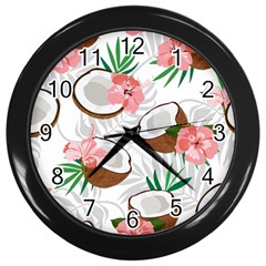 Seamless Pattern Coconut Piece Palm Leaves With Pink Hibiscus Wall Clock (black) by Vaneshart