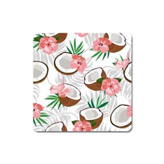 Seamless Pattern Coconut Piece Palm Leaves With Pink Hibiscus Square Magnet by Vaneshart