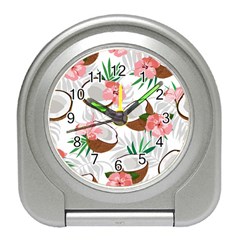 Seamless Pattern Coconut Piece Palm Leaves With Pink Hibiscus Travel Alarm Clock by Vaneshart