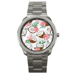 Seamless Pattern Coconut Piece Palm Leaves With Pink Hibiscus Sport Metal Watch Front