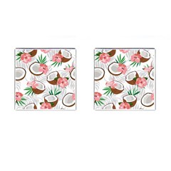 Seamless Pattern Coconut Piece Palm Leaves With Pink Hibiscus Cufflinks (square) by Vaneshart