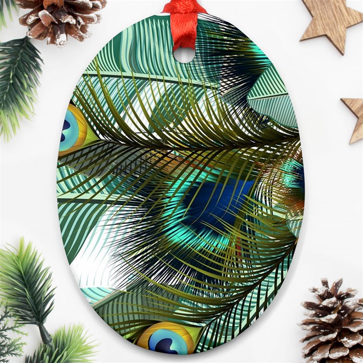 Peacock Feathers Blue Green Texture Oval Ornament (Two Sides)