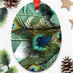 Peacock Feathers Blue Green Texture Oval Ornament (Two Sides) Back