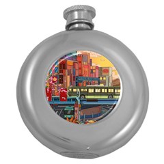 The City Style Bus Fantasy Architecture Art Round Hip Flask (5 Oz) by Grandong