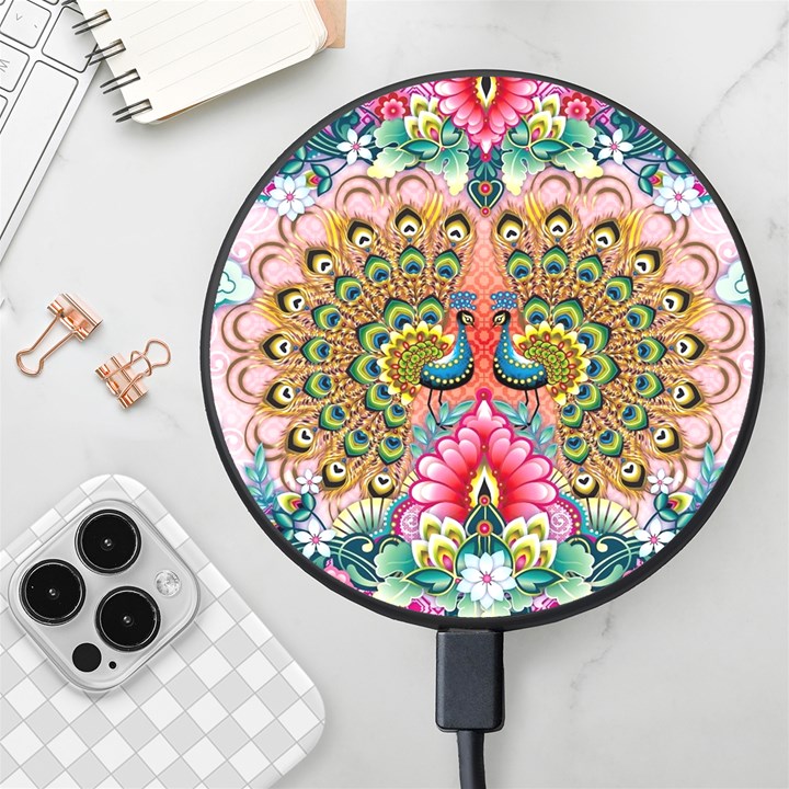 Pink Peacock Bird Pattern Texture Wireless Fast Charger(Black)