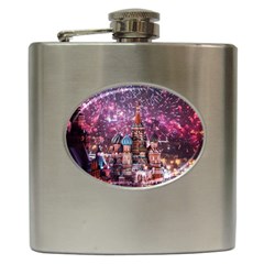 Moscow Kremlin Saint Basils Cathedral Architecture  Building Cityscape Night Fireworks Hip Flask (6 Oz) by Cowasu