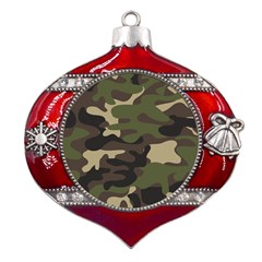 Texture Military Camouflage Repeats Seamless Army Green Hunting Metal Snowflake And Bell Red Ornament by Cowasu