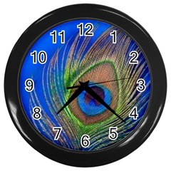 Blue Peacock Feather Wall Clock (black) by Amaryn4rt