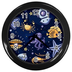 Marine-seamless-pattern-thin-line-memphis-style Wall Clock (black) by uniart180623