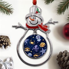 Marine-seamless-pattern-thin-line-memphis-style Metal Snowman Ornament by uniart180623