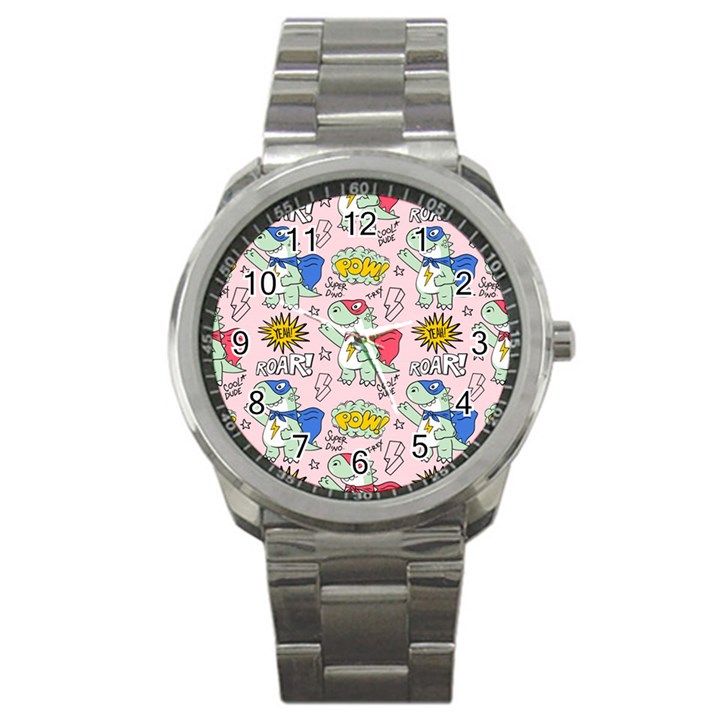 Seamless-pattern-with-many-funny-cute-superhero-dinosaurs-t-rex-mask-cloak-with-comics-style-inscrip Sport Metal Watch