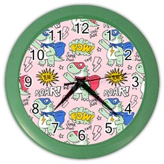 Seamless-pattern-with-many-funny-cute-superhero-dinosaurs-t-rex-mask-cloak-with-comics-style-inscrip Color Wall Clock by uniart180623