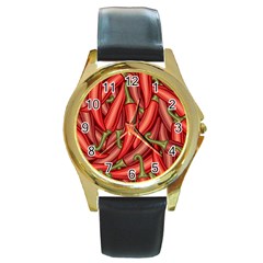 Seamless-chili-pepper-pattern Round Gold Metal Watch by uniart180623