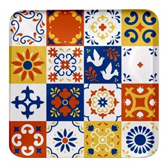 Mexican-talavera-pattern-ceramic-tiles-with-flower-leaves-bird-ornaments-traditional-majolica-style- Square Glass Fridge Magnet (4 Pack) by uniart180623