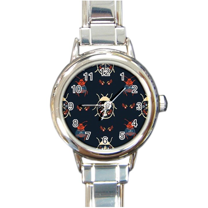 Floral-bugs-seamless-pattern Round Italian Charm Watch