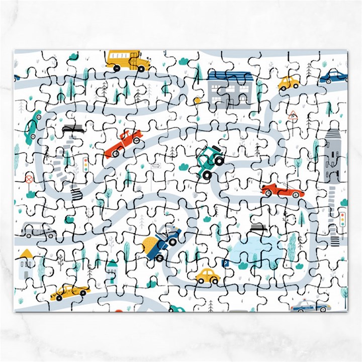 Cute-children-s-seamless-pattern-with-cars-road-park-houses-white-background-illustration-town Rectangular Jigsaw Puzzl