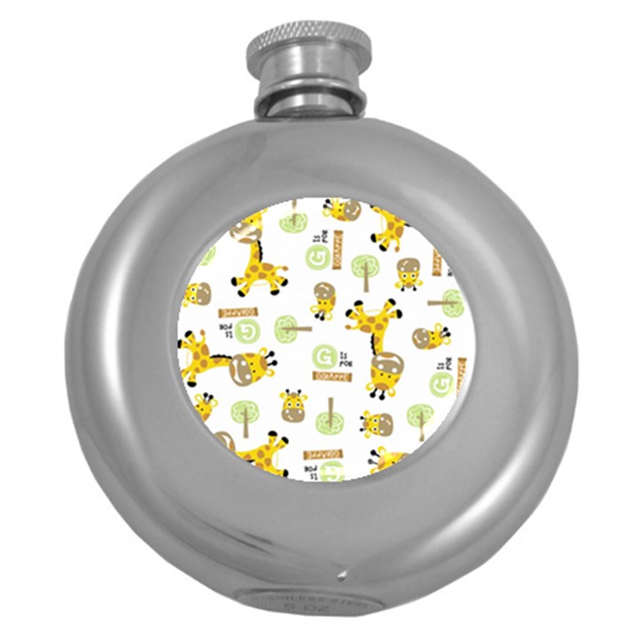 Vector-pattern-with-cute-giraffe-cartoon Round Hip Flask (5 oz)