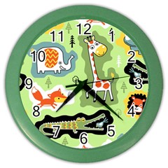 Seamless-pattern-with-wildlife-animals-cartoon Color Wall Clock by uniart180623