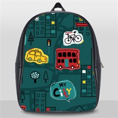 Seamless-pattern-hand-drawn-with-vehicles-buildings-road School Bag (large) by uniart180623