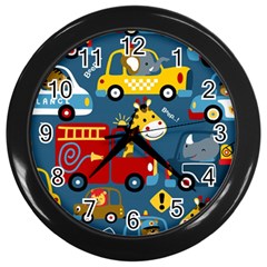 Seamless-pattern-vehicles-cartoon-with-funny-drivers Wall Clock (black) by uniart180623