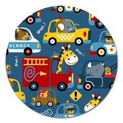 Seamless-pattern-vehicles-cartoon-with-funny-drivers Magnet 5  (round) by uniart180623