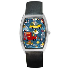 Seamless-pattern-vehicles-cartoon-with-funny-drivers Barrel Style Metal Watch by uniart180623