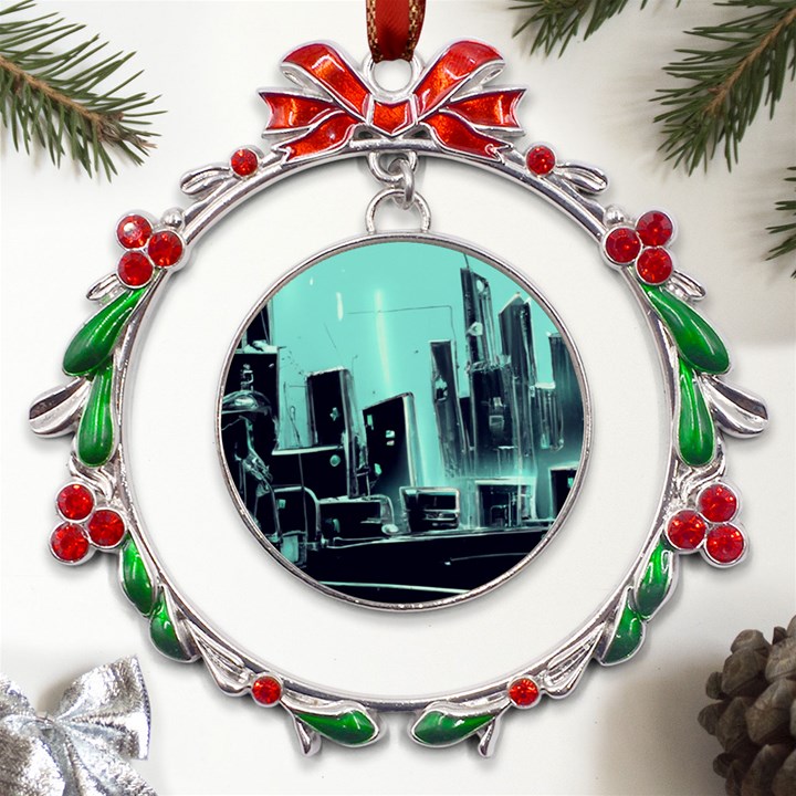 Buildings City Urban Destruction Background Metal X mas Wreath Ribbon Ornament