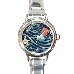 Waves Flowers Pattern Water Floral Minimalist Round Italian Charm Watch by uniart180623