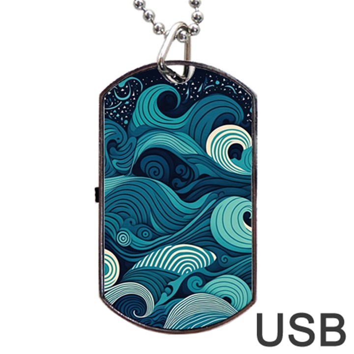 Waves Ocean Sea Abstract Whimsical Abstract Art Dog Tag USB Flash (Two Sides)