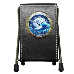 Waves Ocean Sea Tsunami Nautical Blue Pen Holder Desk Clock by uniart180623