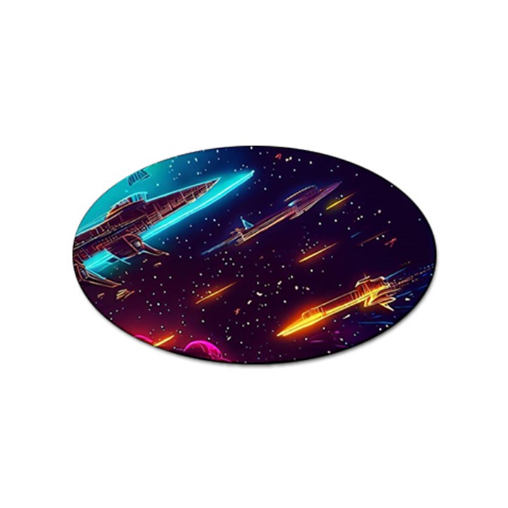 Night Sky Neon Spaceship Drawing Sticker (Oval)