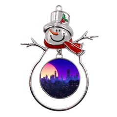 The Sun Night Music The City Background 80s, 80 s Synth Metal Snowman Ornament by uniart180623