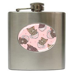 Seamless Pattern Adorable Cat Inside Cup Hip Flask (6 Oz) by Simbadda