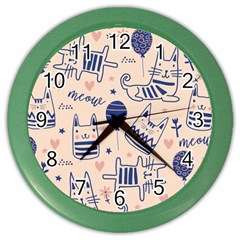 Cute Cats Doodle Seamless Pattern With Funny Characters Color Wall Clock by Simbadda