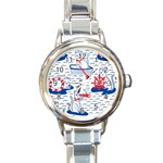 Nautical Cats Seamless Pattern Round Italian Charm Watch Front