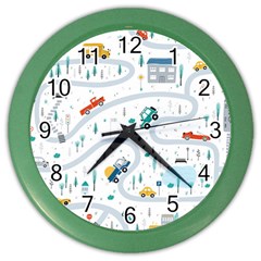 Cute Children Seamless Pattern With Cars Road Park Houses White Background Illustration Town Cartooo Color Wall Clock by Simbadda