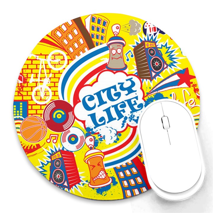 Colorful City Life Horizontal Seamless Pattern Urban City Round Mousepad