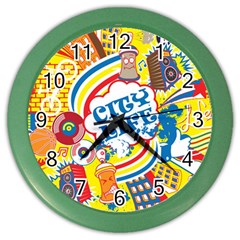 Colorful City Life Horizontal Seamless Pattern Urban City Color Wall Clock by Simbadda