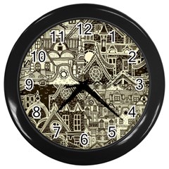 Four Hand Drawn City Patterns Wall Clock (black) by Simbadda