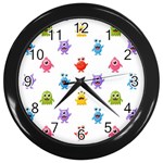 Seamless-pattern-cute-funny-monster-cartoon-isolated-white-background Wall Clock (Black) Front