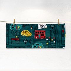 Seamless-pattern-hand-drawn-with-vehicles-buildings-road Hand Towel by Simbadda