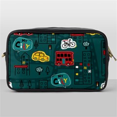 Seamless-pattern-hand-drawn-with-vehicles-buildings-road Toiletries Bag (one Side) by Simbadda