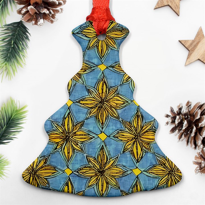 Gold abstract flowers pattern at blue background Christmas Tree Ornament (Two Sides)