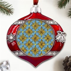 Gold Abstract Flowers Pattern At Blue Background Metal Snowflake And Bell Red Ornament by Casemiro